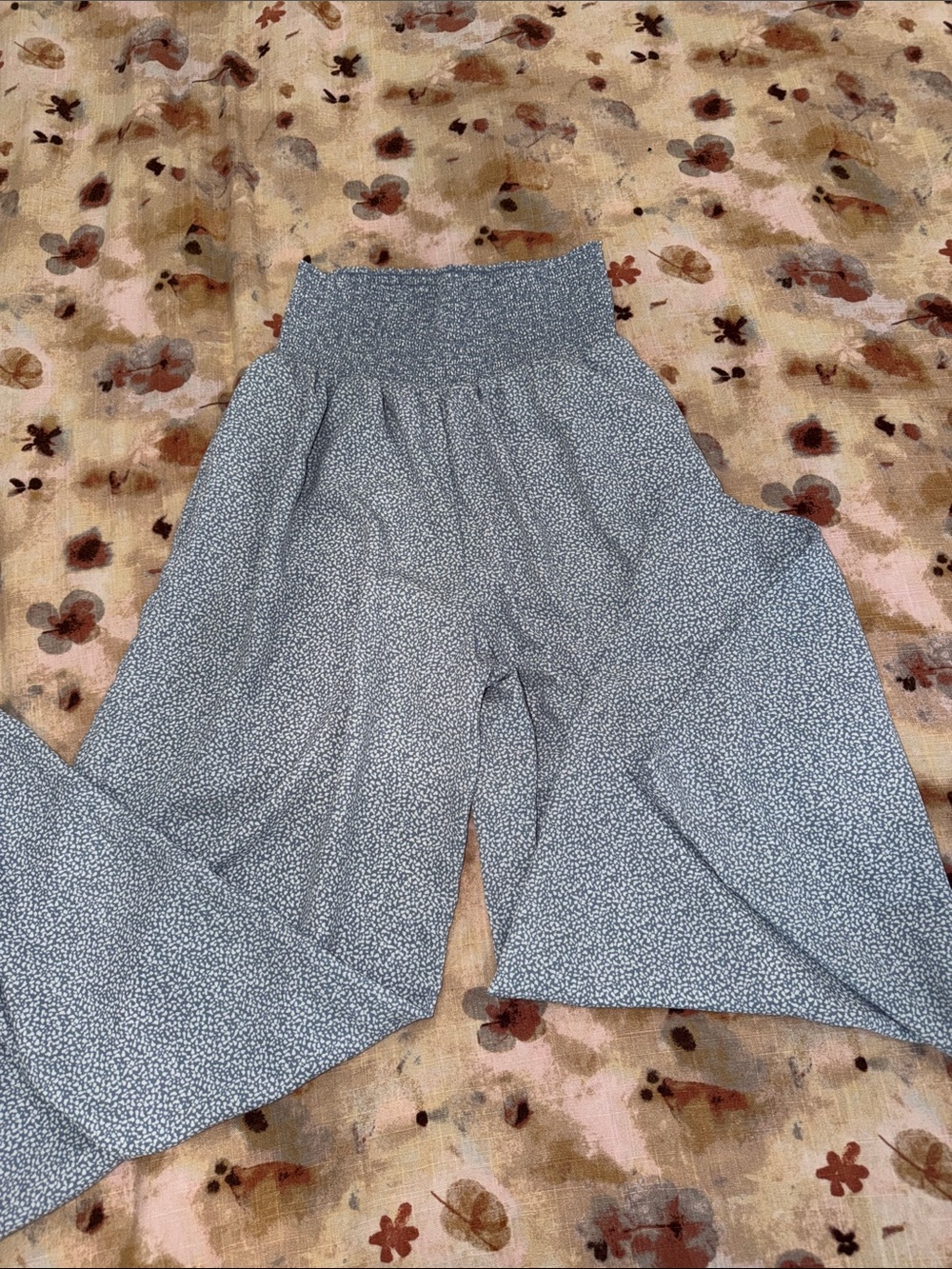 Women Light Blue Smocked-Waist Floral Wide-Leg Pants